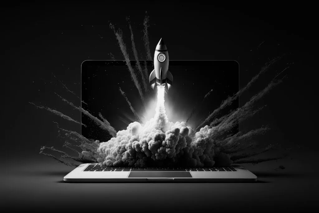 Launching Space Rocket From Laptop Screen. Generative AI